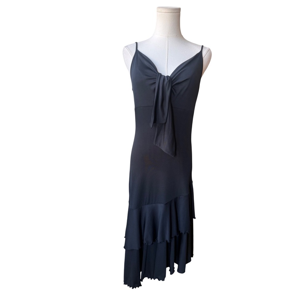 Kensie Y2K Black Babydoll Midi Dress SzM Asymmetrical Hem Fairy Grunge Ruffle